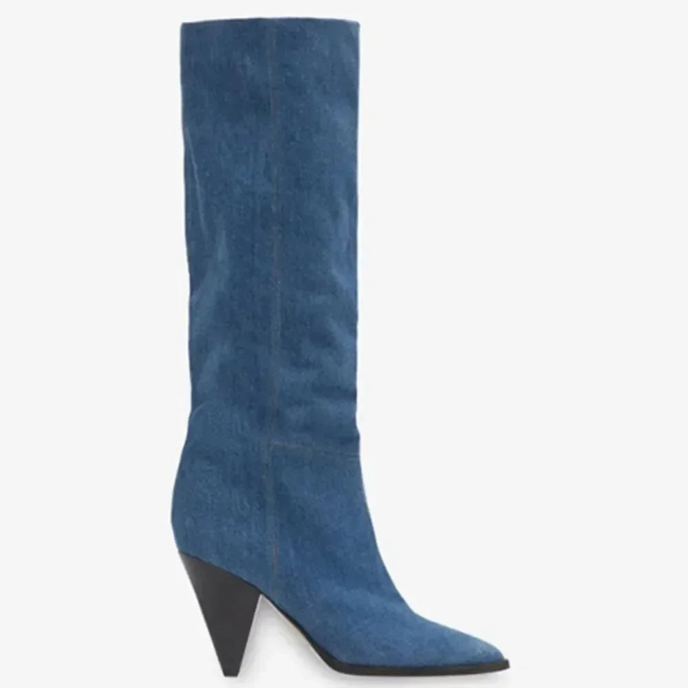 European and American Fashion Denim Pointed Toe Tapered Heel and Sleeve Versatile Knee High Boots, Women's Suede Walking Boots