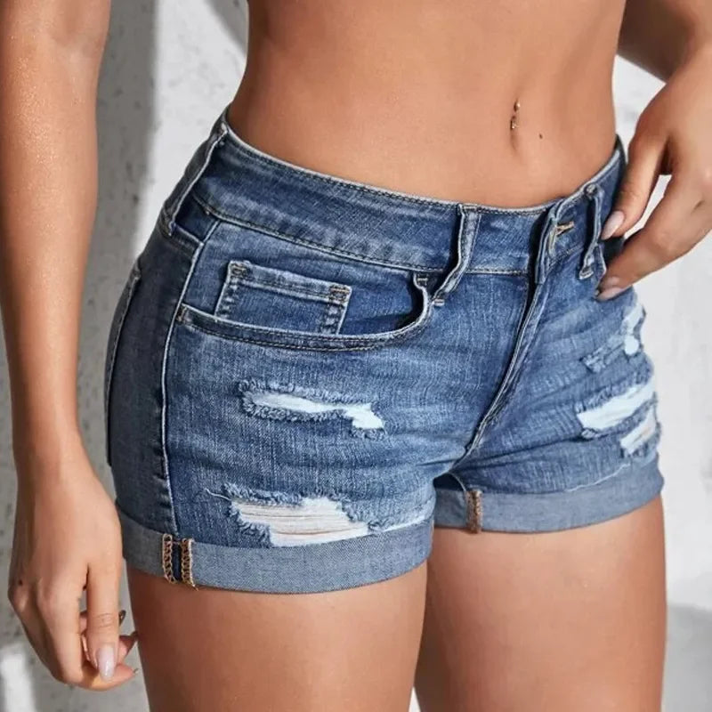 Women's Split Denim Shorts Summer Beach Wild Fashion Sexy Mid Waist Curled Cuff Perforated Elastic Slim Fit Casual Shorts - reetell