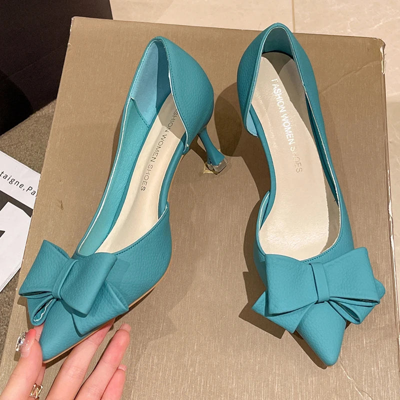 2024 New Bowknit Thin Heels Pumps Women Blue Elegant Slip-On Party Shoes Woman Summer Pointed Toe Solid Color High Heels Shoes - reetell