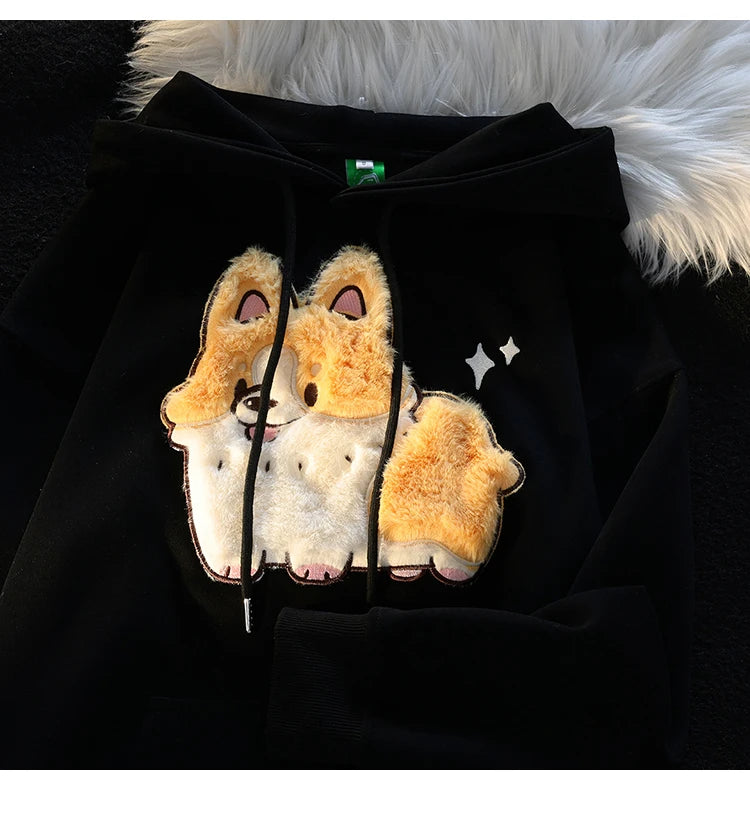 Embroidery Corgi Hooded Sweatshirt Ladies Loose and Sweet Hoodies Women Autumn Winter Casual Women's Long Sleeve Pullover Y2K - reetell