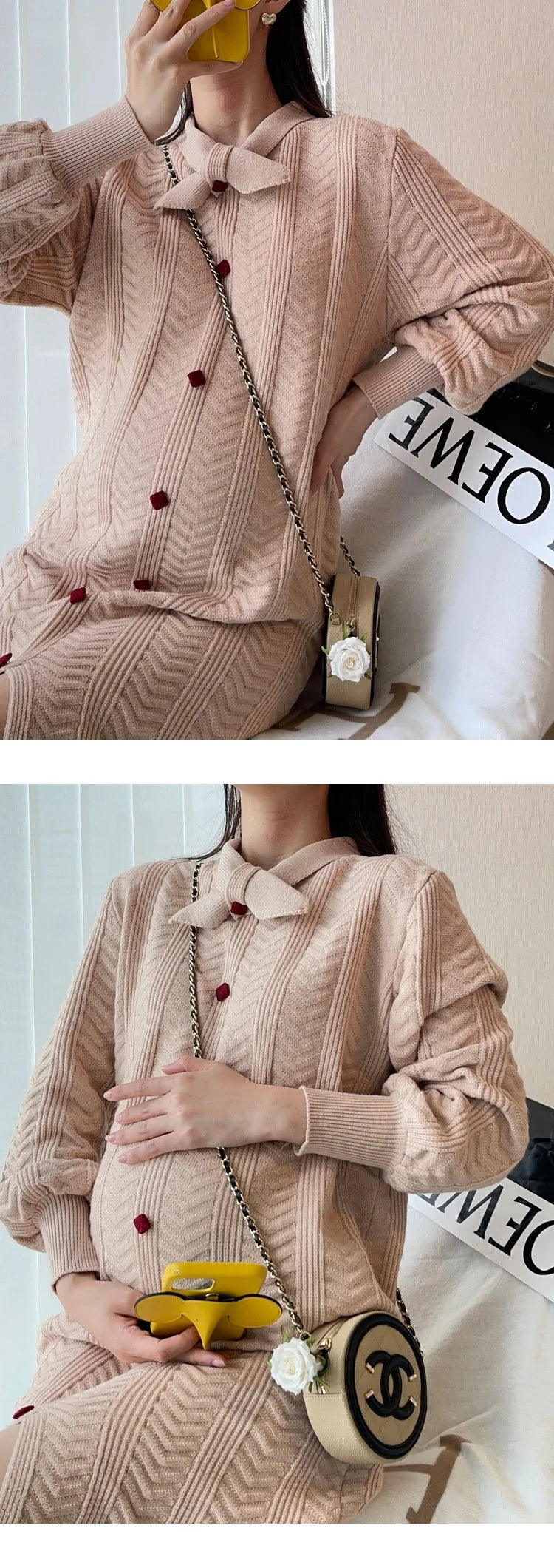 Woolen Cotton Winter Knitted Maternity Dress  Bow Collar Pregnant Clothes Elasticity Knee-Length Maternity Gown Pregnancy Dress