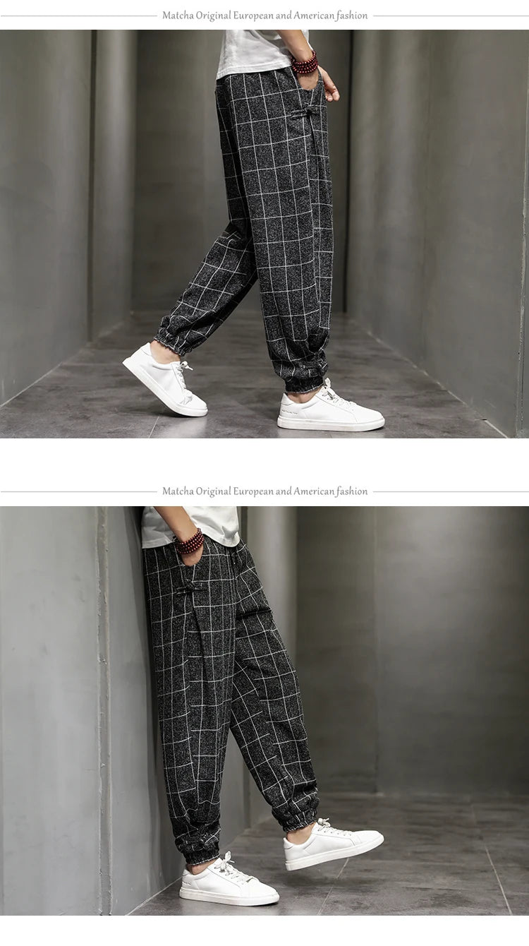 Cotton Linen Pants for Men New Trend Disc Buckle Hallen Pants Man Spring Summer Comfortable Breathable Casual Pants