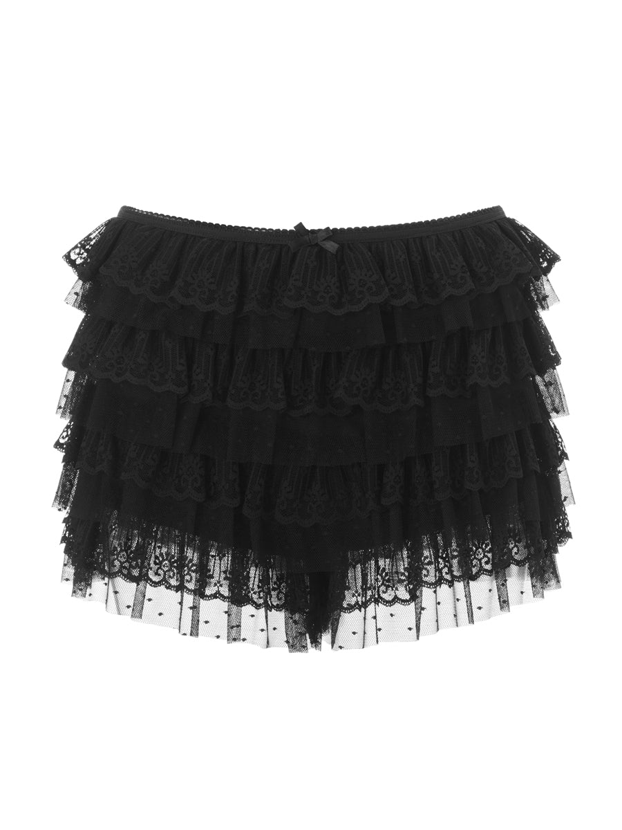 Combhasaki Women Y2K Kawaii Solid Color Fairy Tiered Ruffled Lace Layered Elastic Low Waist Bloomers Aesthetic Shorts Streetwear - reetell