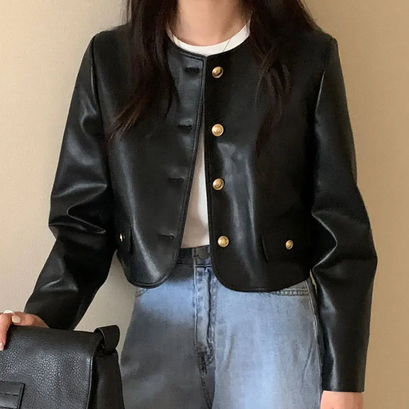 Korean style Black Jackets Women  New Fashion Vintage Single Breasted Leather Jacket Women Streetwear O Neck Short Jackets