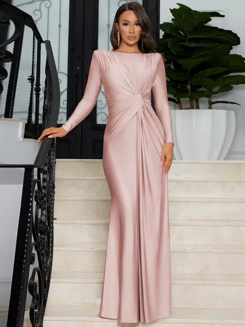 Elegant High Waist Folds Long Maxi Pink Dresses for Women 2024 Fall O-neck Long Sleeve Tunics Slim Solid Party Evening Dress - reetell