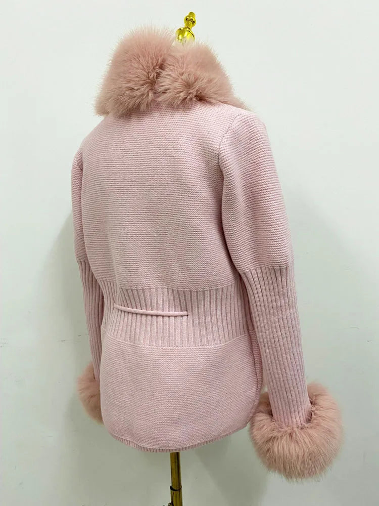 ZADORIN Luxury Fur Cardigan Knit Winter Sweater Women Elegant Detachable Fur Belt White Pink Black Womens Cardigan Korea Style - reetell