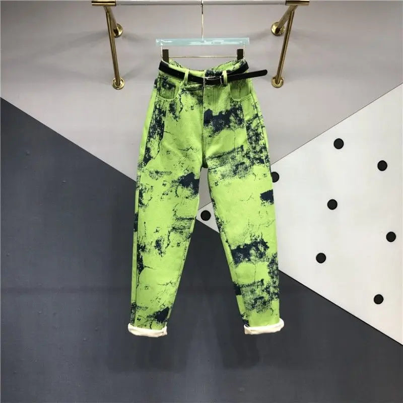 European Goods Heavy Industry Fashion Tie Dye Green Jeans Women's New Spring Summer High Waisted Loose Fit Slimming Harun Jeans - reetell