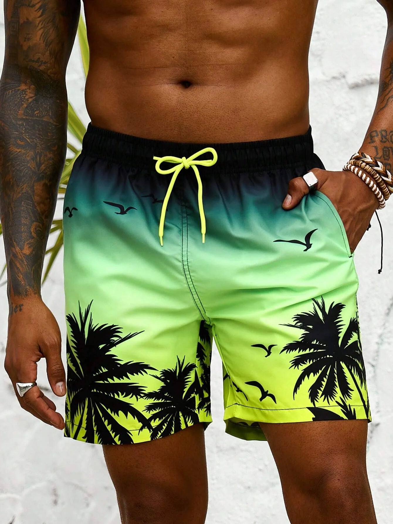 Summer Vacation Men's Palm Tree Print Drawstring Waist Board Shorts Fashion Swim Trunks 3D Print Breathable Short Streetwear - reetell