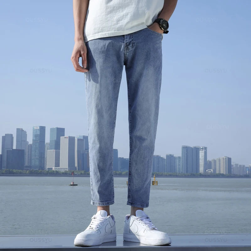 2024 New Men's Stretch Ankle Length Jeans Light blue Fashion Casual Cotton Slim Fit Denim Pants Korean Trousers Male Brand Cloth - reetell