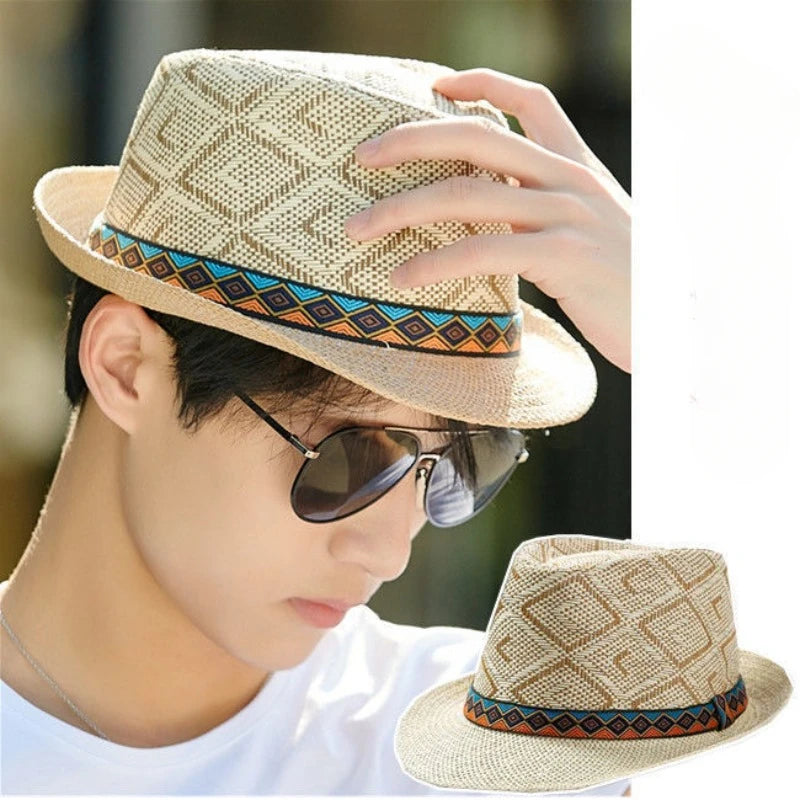 New Spring/Summer Men's Straw Knitted Hat Short Brim Trendy British Jazz  Sunscreen Beach Hat Versatile for Gentlemen