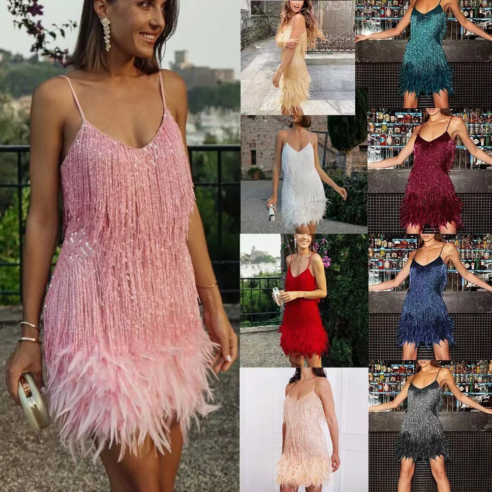 2024 Summer Pink Party Dress Evening Luxury Women Clothes Tassel Fringed Sexy Bodycon Dress Club Outfits Vestidos - reetell