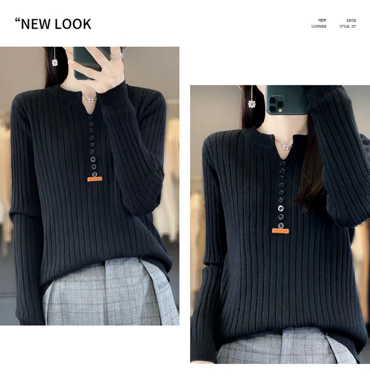 Women's Sweater Autumn/Winter New Solid Color Knitwear V-Neck Pullover Ladies Clothes Fashion Blouse Korean Style Loose Tops - reetell