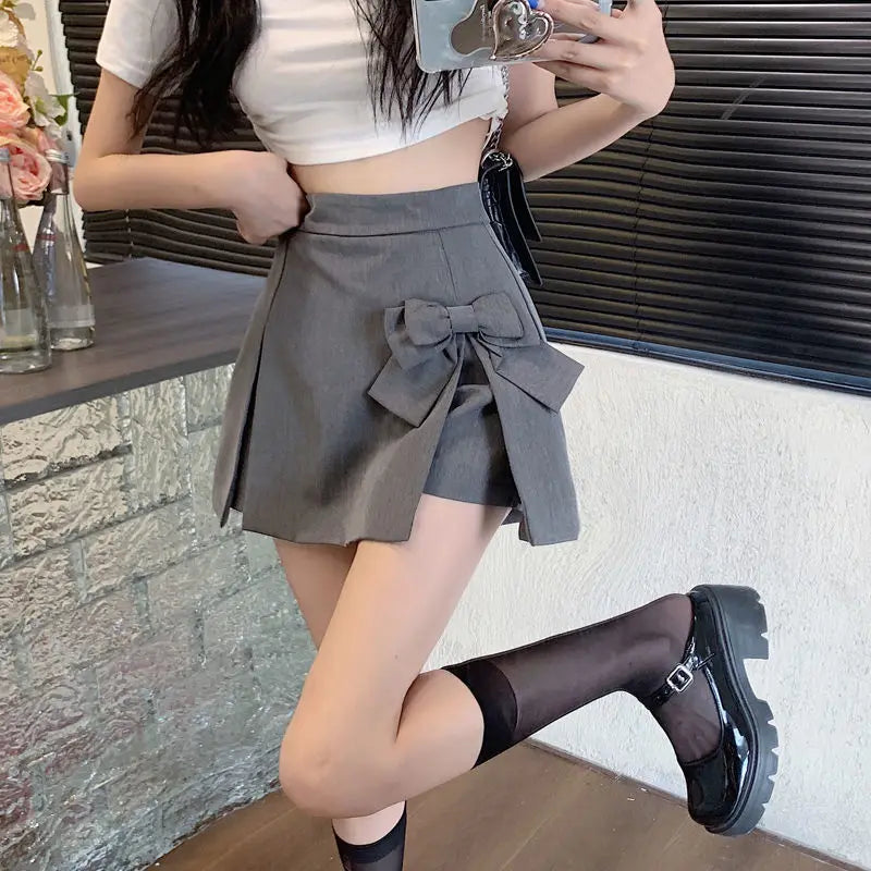 Zoki Cute Bow Women Sexy Pleated Skirt Janpan Sweet High Waist Student A Line Mini Skirt Summer Zipper Female Solid Color Skirt - reetell