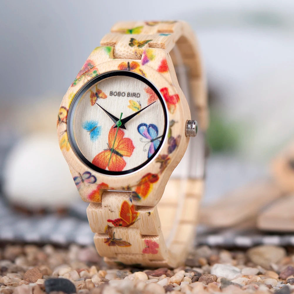 BOBO BIRD Wood Women Watches Luxury Engraved Handmade Ladies Quartz Wristwatch Wooden Pattern Printed Floral Casual Watch