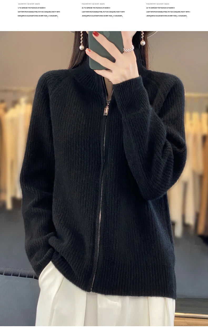 100% Pure Wool Zipper Cardigan Padded Shoulder Stand Collar Women's Cashmere Knitted Coat New Lapel Sweater - reetell