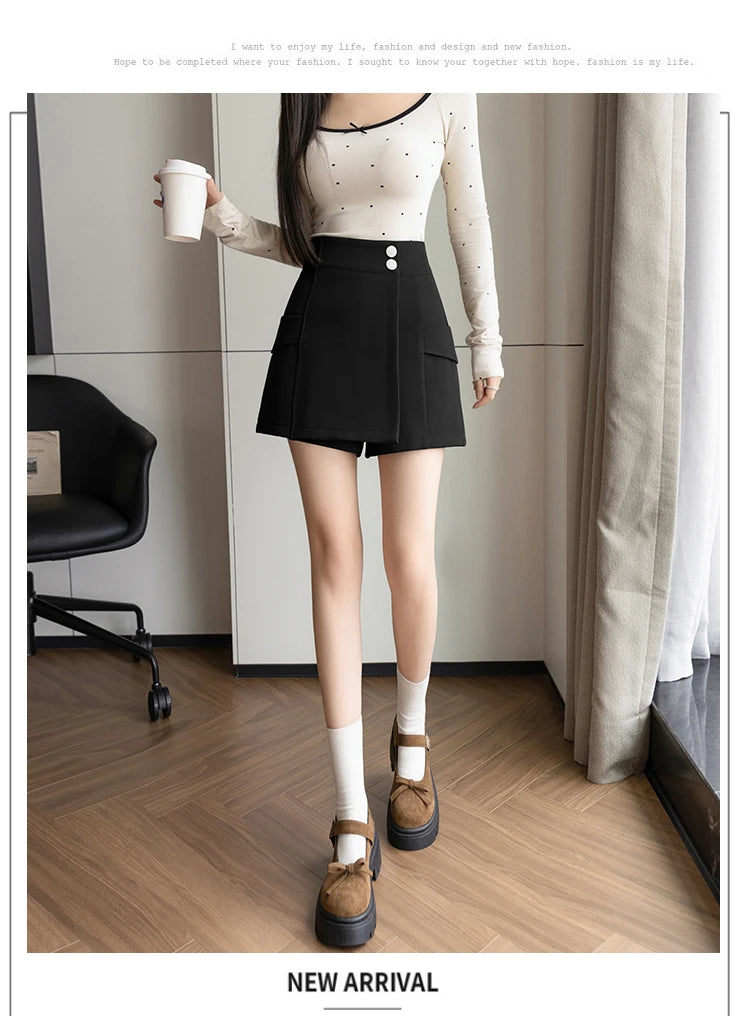 Fashion New Autumn Casual Womens Shorts Slim Black Coffee Shorts Women Spliced High Waist Short Mujer Shorts for Women B56 - reetell