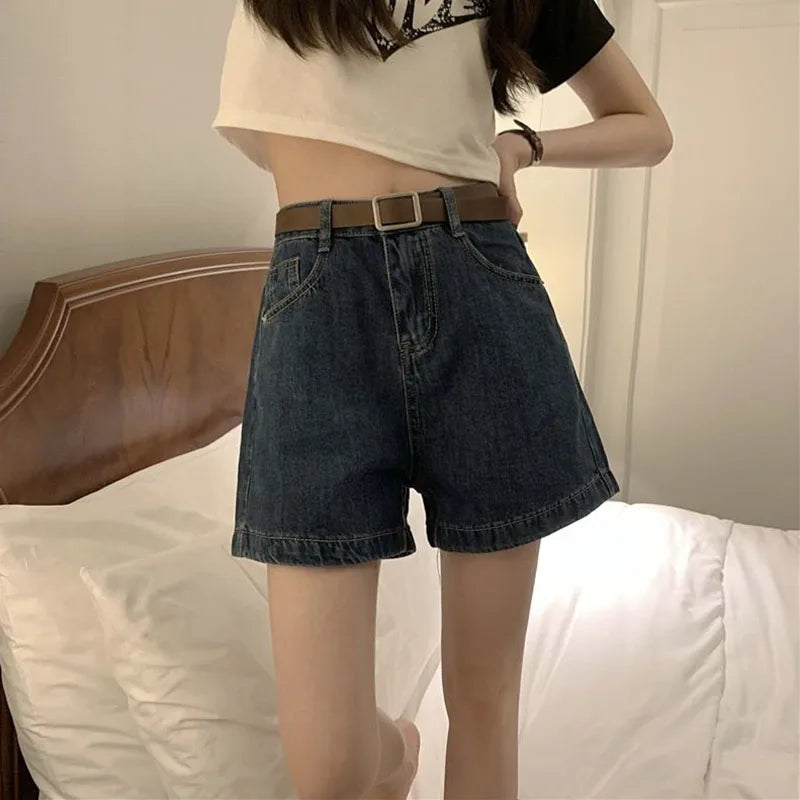 Lucyever High Waist Denim Shorts Women Summer New Washed Retro Jeans Shorts Female Korean Fashion Loose Wide Leg Short Pants - reetell