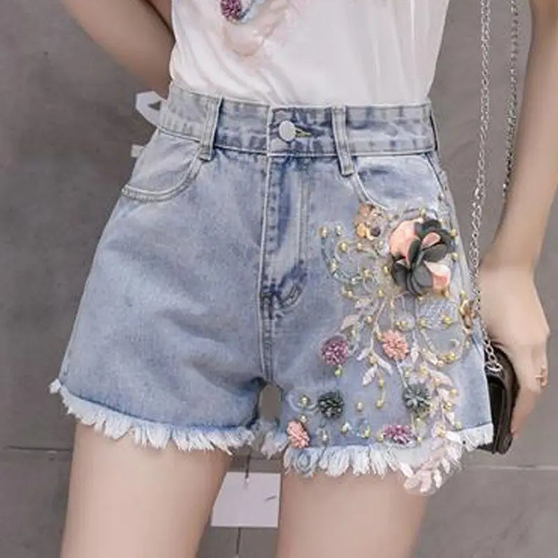 Denim Shorts Women's Latest Summer Outfit Wearing Loose European Fitting Versatile Slim High Waisted Perforated Short Jean Pants - reetell