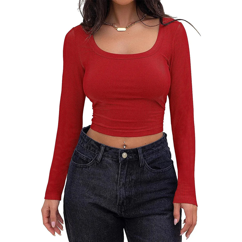 Women's Long Sleeve Square Neck Crop Top Ribbed Slim Fitted Y2K Casual T-Shirt Tops - reetell