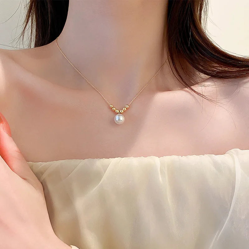 Imitation Pearl Beads Five-leaf Flower Pendant Double Layer Necklace for Women Fashion Daily Accessory Jewelry Birthday Gifts