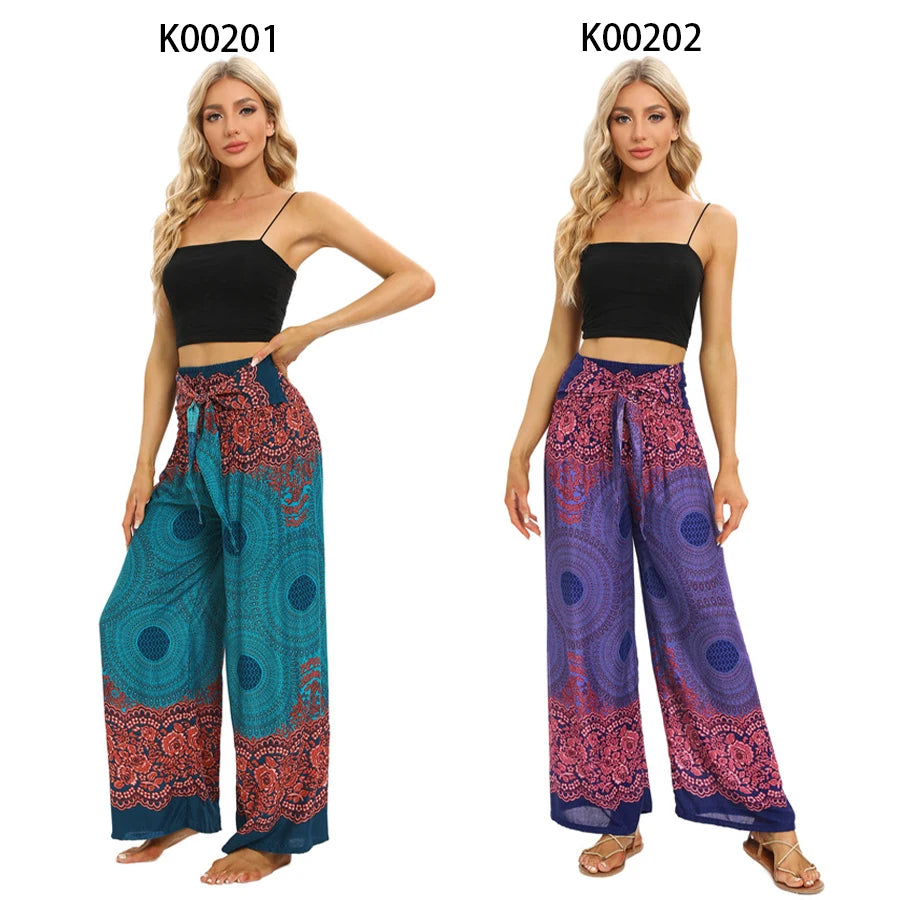 2024 Women Boho Yoga Pants Rayon Vintage Floral Printed Wide Leg Long Trousers Elastic High Waist Female Outside Home Clothes - reetell