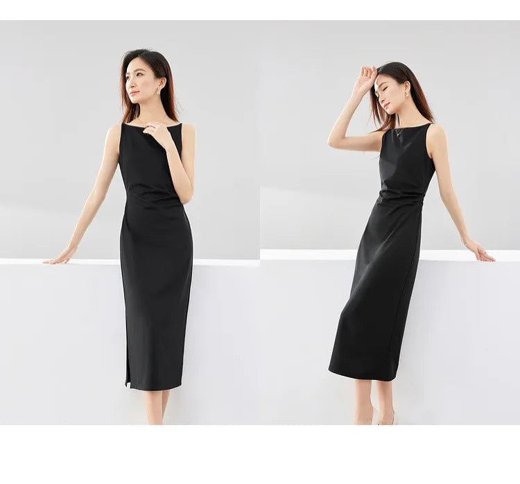 SENTUBILA Ruched Black Dress Women 2024 Spring Summer Party Slim Temperament Slash Neck Sleeveless Lady Midi Dresses Q33L52443 - reetell