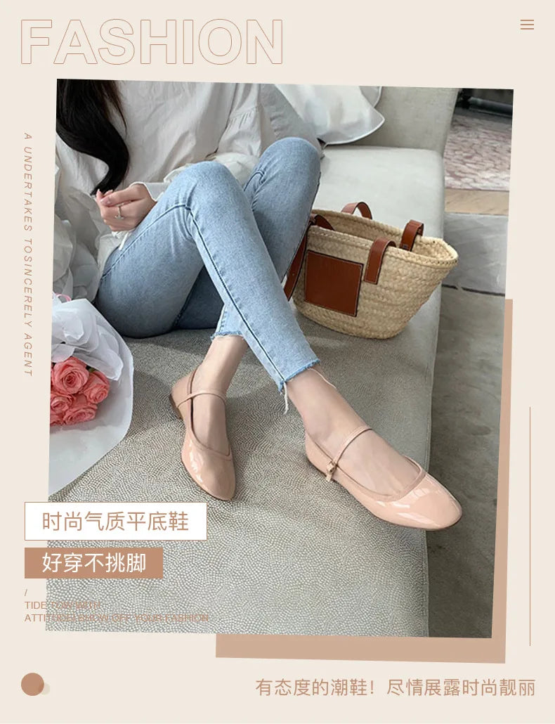 Zapatillas French Flat Bottomed Women Shoe Autumn Shallow Cut Mary Jane Shoe One Line Leather Shoe Ballet Single Shoe Women Shoe - reetell