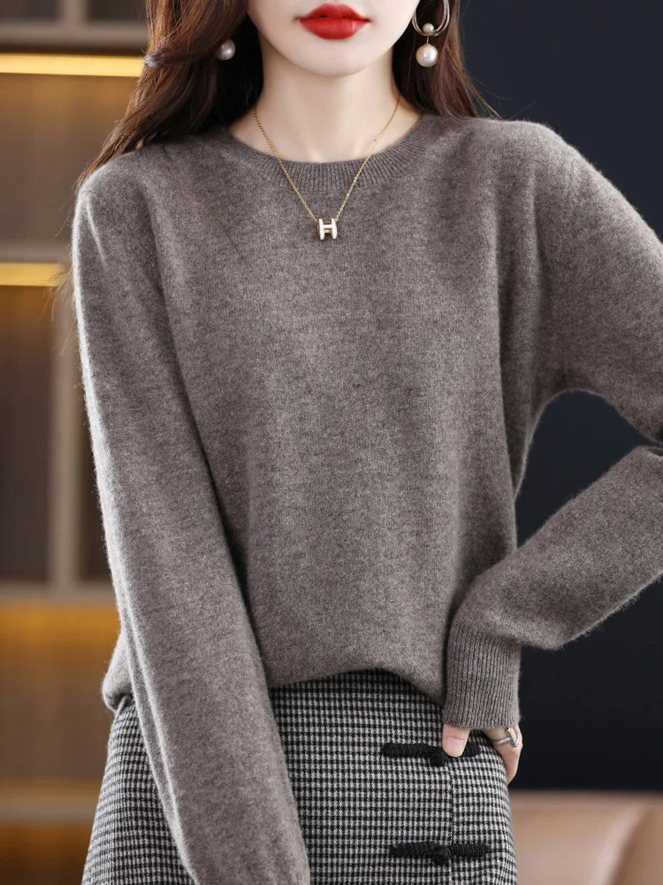 100% Merino Wool Sweater Women  Cashmere Pullover Knitwear Autumn Winter O-neck Solid Color Fashion Basic Female Clothes Tops - reetell