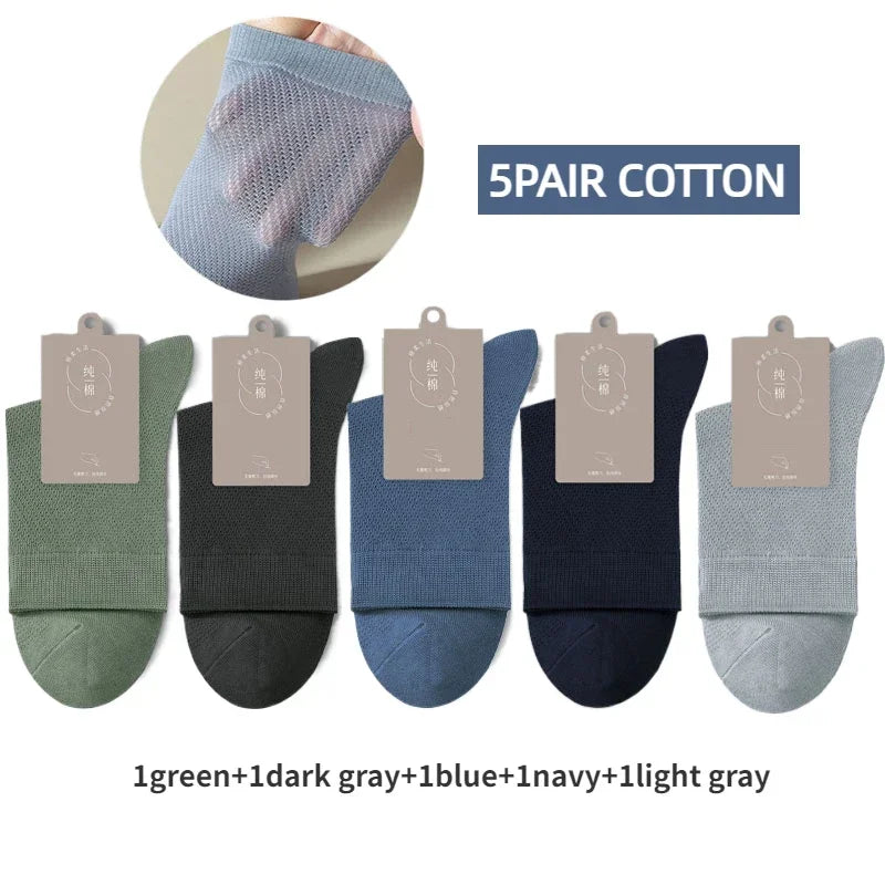 5 Pairs Men High Quality 96% Pure Cotton Socks Antibiosis Business Deodorant Sock Mesh Breathable Male Solid Color Casual Summer