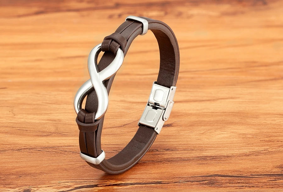 TYO Luxury Genuine Leather Infinity Symbol Mens Bracelet Stainless Steel Buckle Couple Bangles Jewelry Dropshipping Wholesale