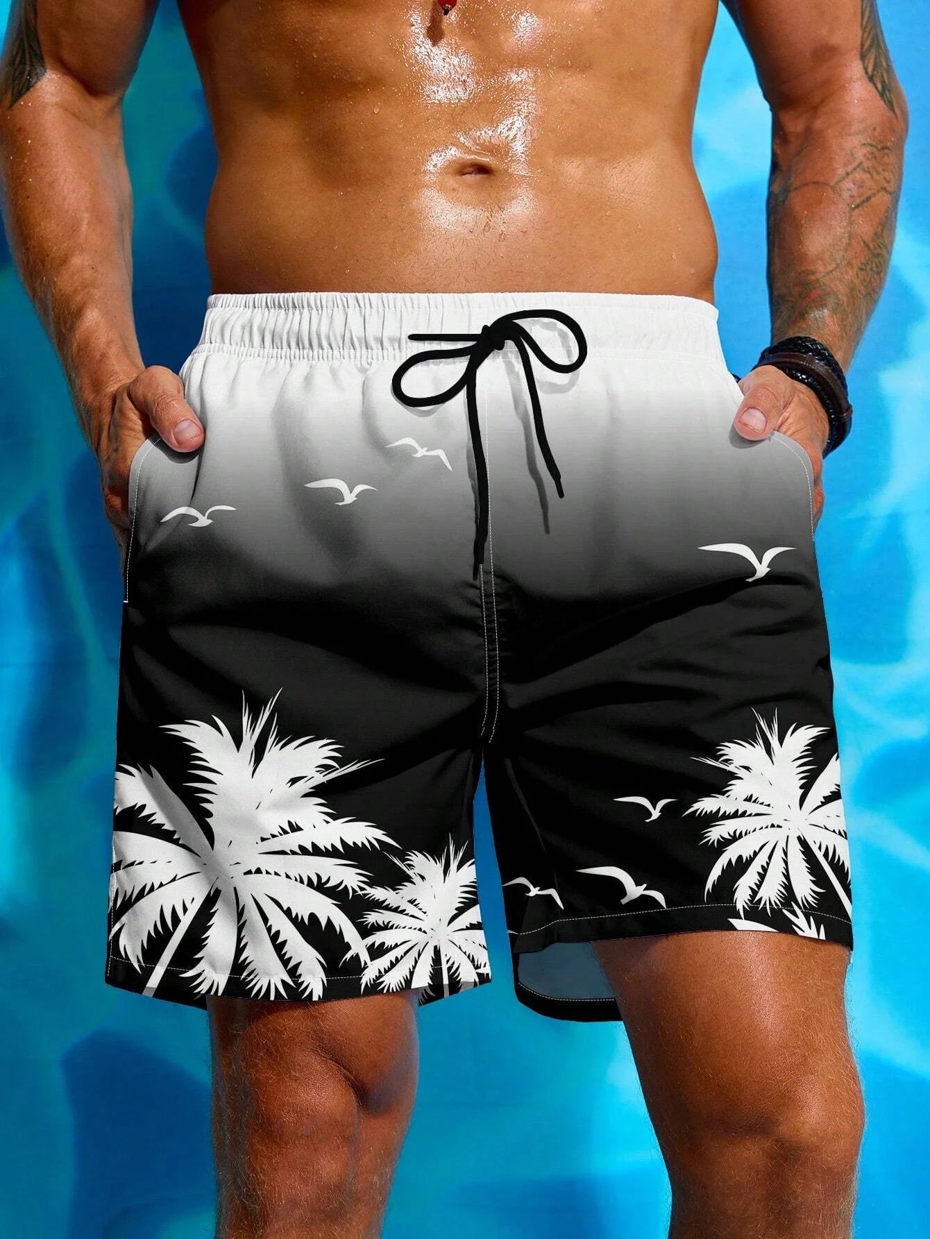 Summer Vacation Men's Palm Tree Print Drawstring Waist Board Shorts Fashion Swim Trunks 3D Print Breathable Short Streetwear - reetell