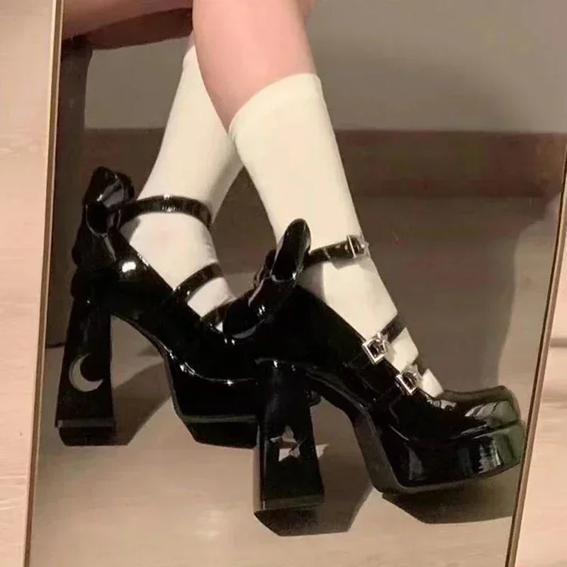 Spring Punk  Chunky Platform High Heels Pumps Women Thick Heel Mary Jane Lolita Shoes Woman Patent Leather Cosplay Shoes