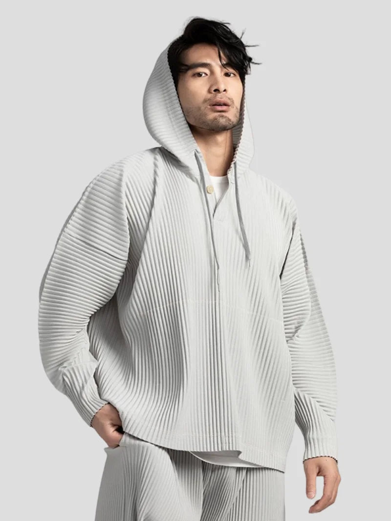 Miyake Pleated Hoodies For Men Black Hoodie Solid Color Coat Breathable Loose Drawstring Casual Top - reetell