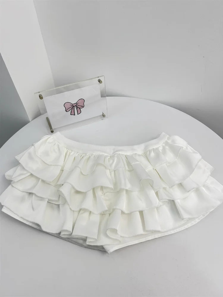 Y2k Kawaii Cute Cake Ruffles White Mini Skirt Women Bow Slim Skirt Elastic Waist Summer A-line Skirt Going Out Party Streetwear - reetell