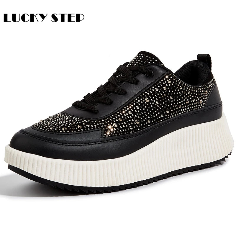 LUCKY STEP Women's Platform Sneakers Rhinestone Fashion Chunky Casual Sparkly Retro Braided Walking Shoes