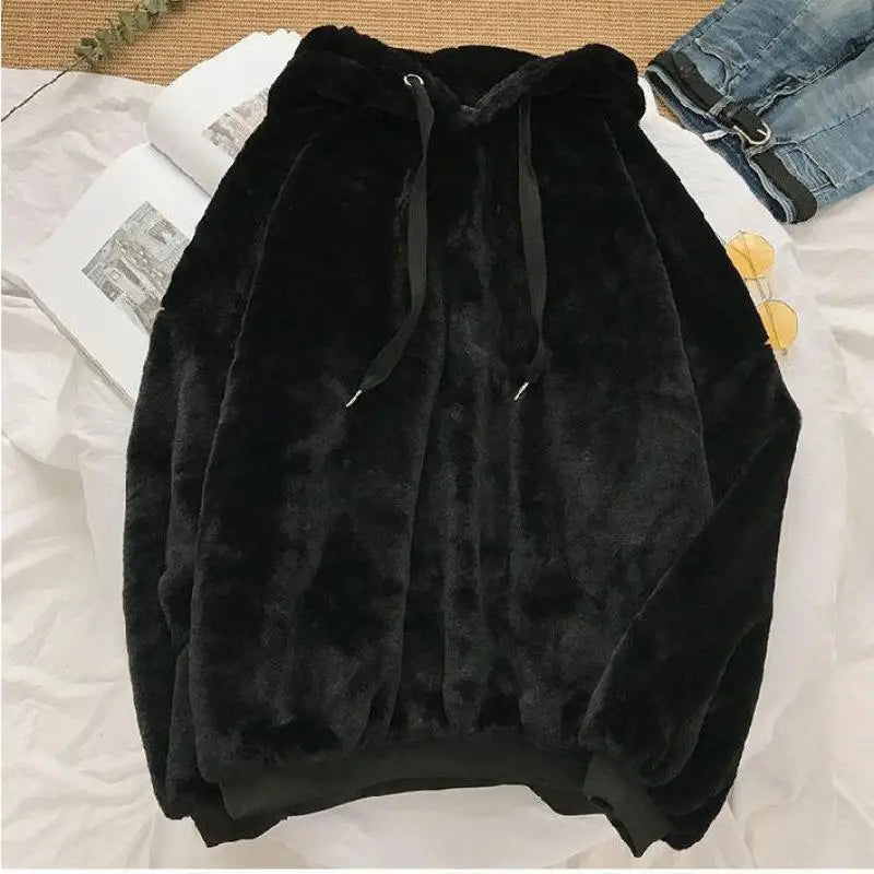 Autumn Winter Fleece-lined Hooded Long-sleeve Sweatshirt Women Hoodies Fashion Loose Couple's Warm Plush Coat Lazy Style Tops - reetell