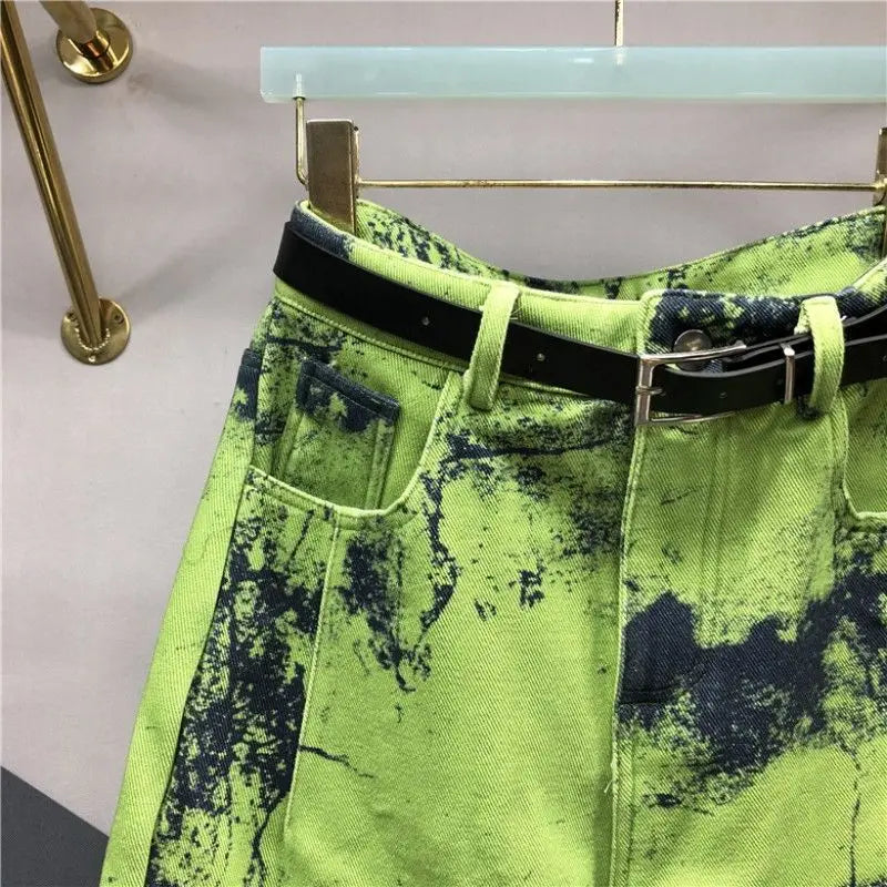 European Goods Heavy Industry Fashion Tie Dye Green Jeans Women's New Spring Summer High Waisted Loose Fit Slimming Harun Jeans - reetell