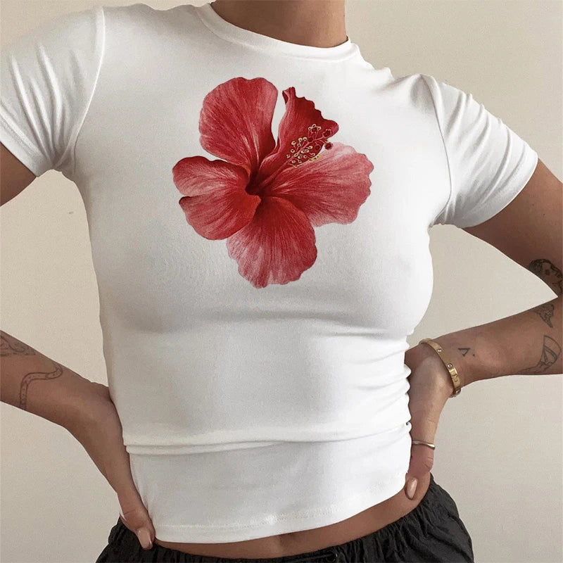 Flower Print Cute Crop Tops Vintage Women's Streetwear T-Shirts Gothic Grunge Emo Girls Slim Baby Tee Y2k Clothes - reetell