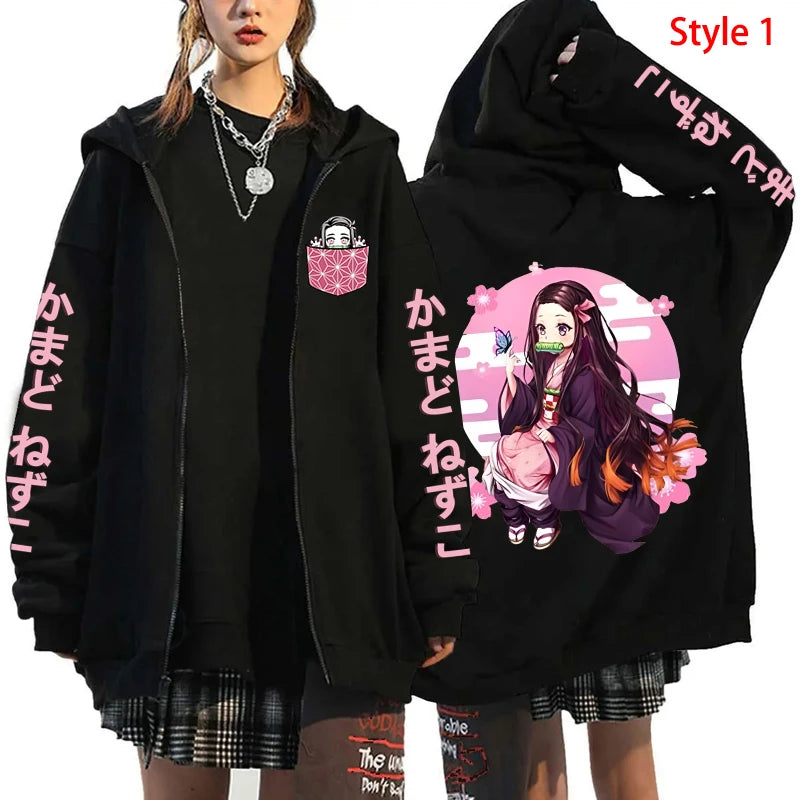 Autumn/Winter New Kamado Nezuko Hoodie Women Casual Personality Zipper Hooded Pullovers Coat Streetwear Fashion Anime Sweatshirt - reetell