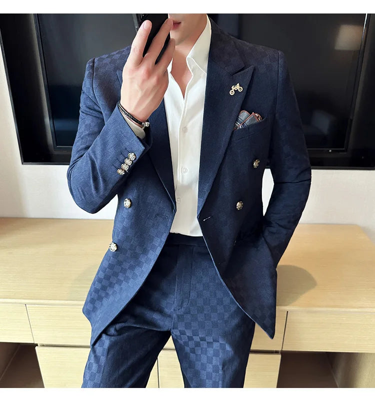 (Jacket+Pants) 2 Pieces Blue Apricot Business Party Men Suits Double Breasted Formal Style Custom Made Wedding Groom Tuxedos - reetell