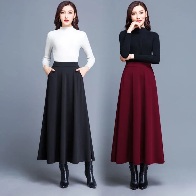 2024 Autumn and Winter Solid Color Woolen Skirt Big Hem A- Line Skirt High Waist Long Woman Skirts Mujer Faldas Saias Mulher - reetell