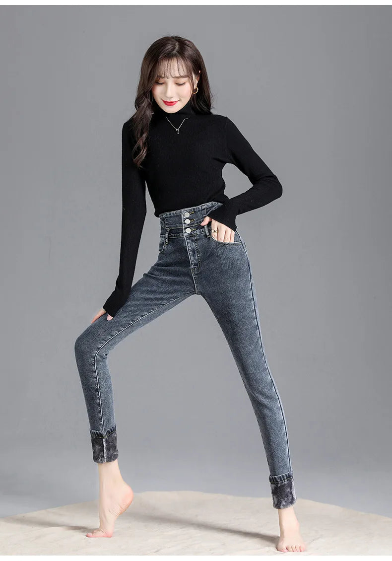 Thermal Winter Thick Fleece High-waist Warm Skinny Jeans Thick Women Stretch Button Pencil Pants Mom Casual Velvet Jeans - reetell