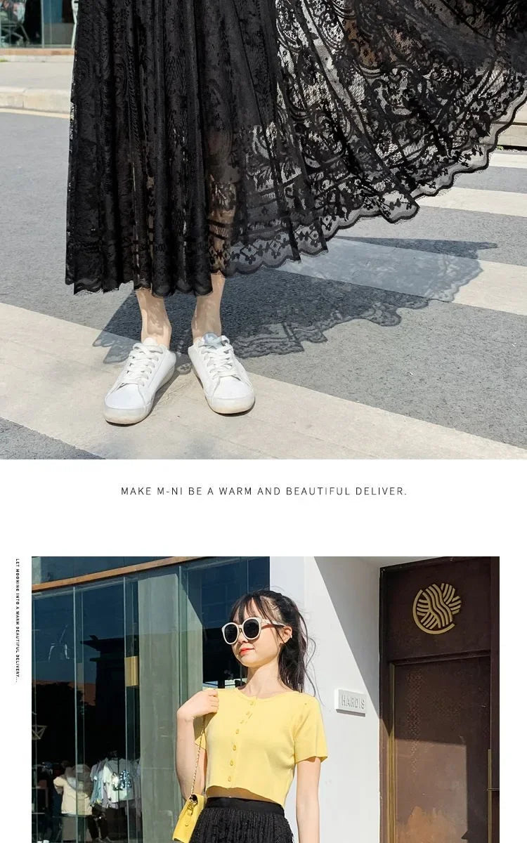 Lace High Waist Skirt Women Faldas Ropa Mujer Casual Loose Summer White Long Skirts Ladies Fashion Jupe Solid Woman Clothes Saia - reetell