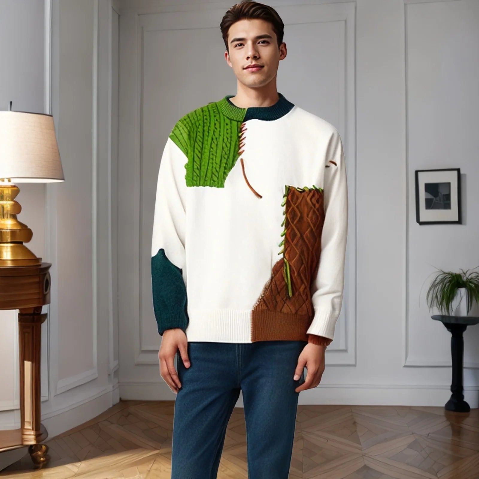 2024 Autumn Winter Warm Sweaters Patchwork Pullovers Korean Style Round Neck Knitted Sweater Men Women Fashion Knitwear - reetell