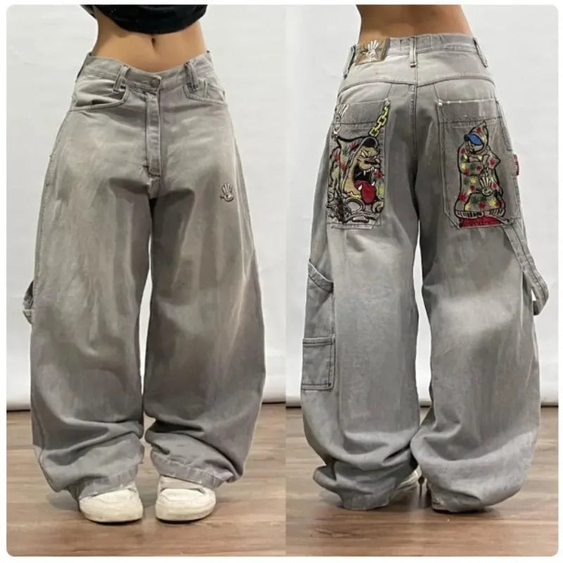 Deeptown Vintage Y2k Oversized Jeans Harajuku Streetwear Hip Hop Embroidery Denim Pants Baggy Japanese 2000s Gothic Trousers - reetell