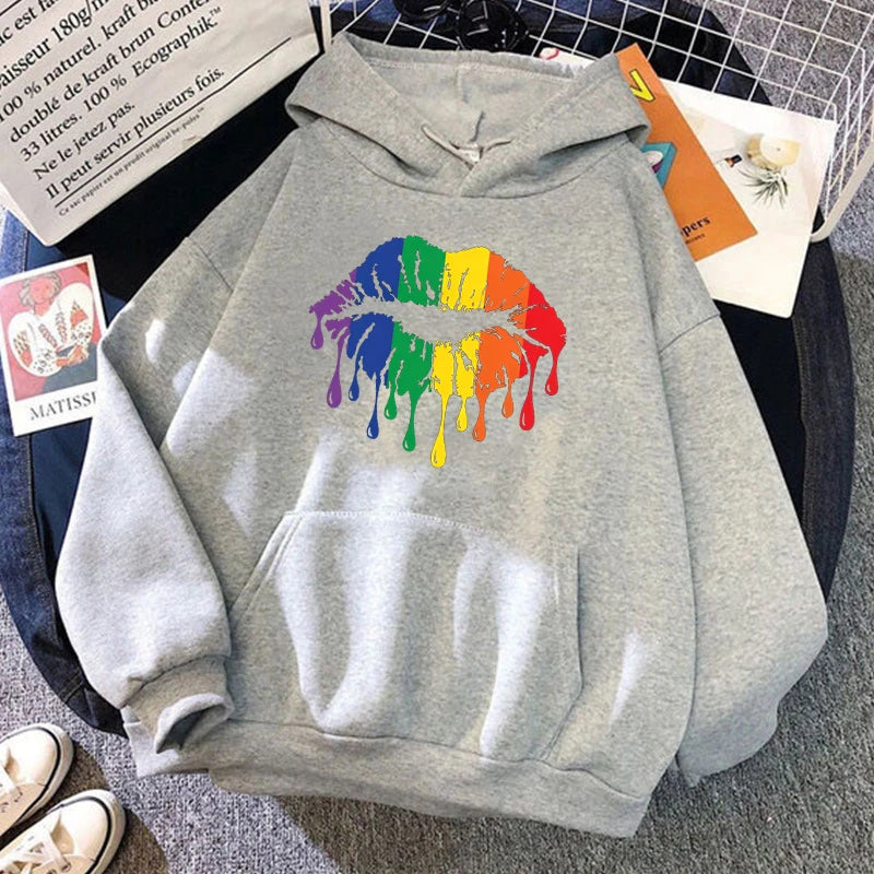 Women'S Winter Autumn Fashion Hooded Casual Long Sleeve Lgbt Pride Rainbow Lips Hoodies Sweatshirts Loose Pullover - reetell