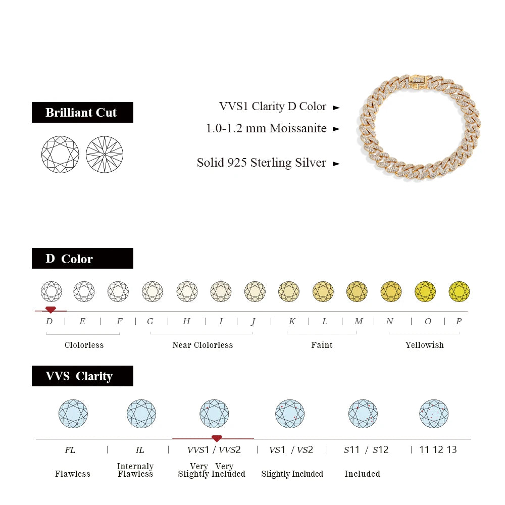 ATTAGEMS DVVS1 Full Moissanite Cuba Chain for Man Women 925 Sterling Silver 18k Gold Plated Hip Hop Tennis Bracelet Fine Jewelry