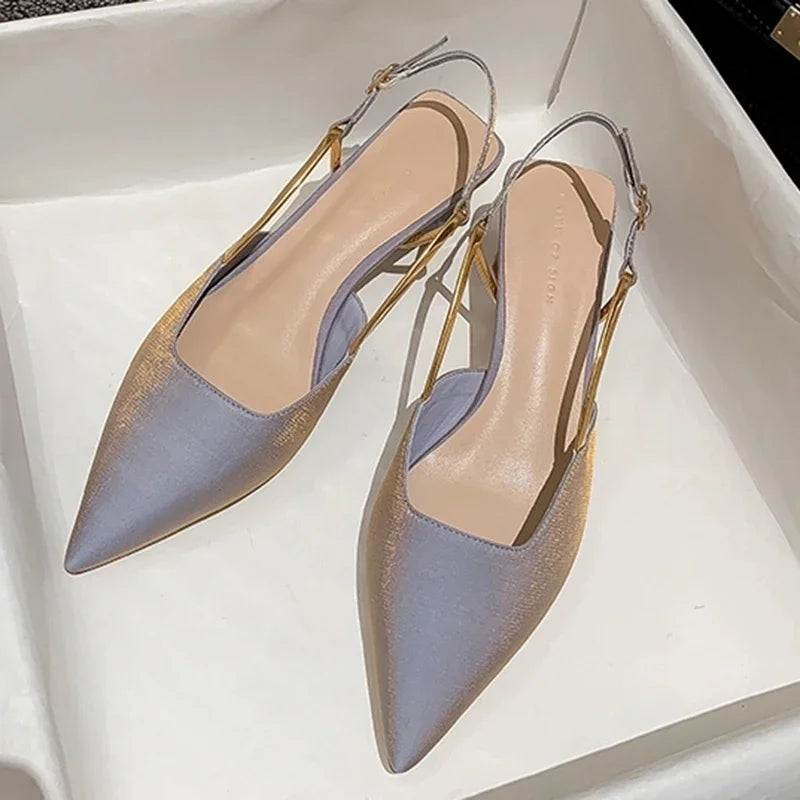 2024Summer Pointed Toe Silk Pumps Women Back Strap Buckle Thick Heels Sandals Woman Shallow Mouth Party Shoes Ladies