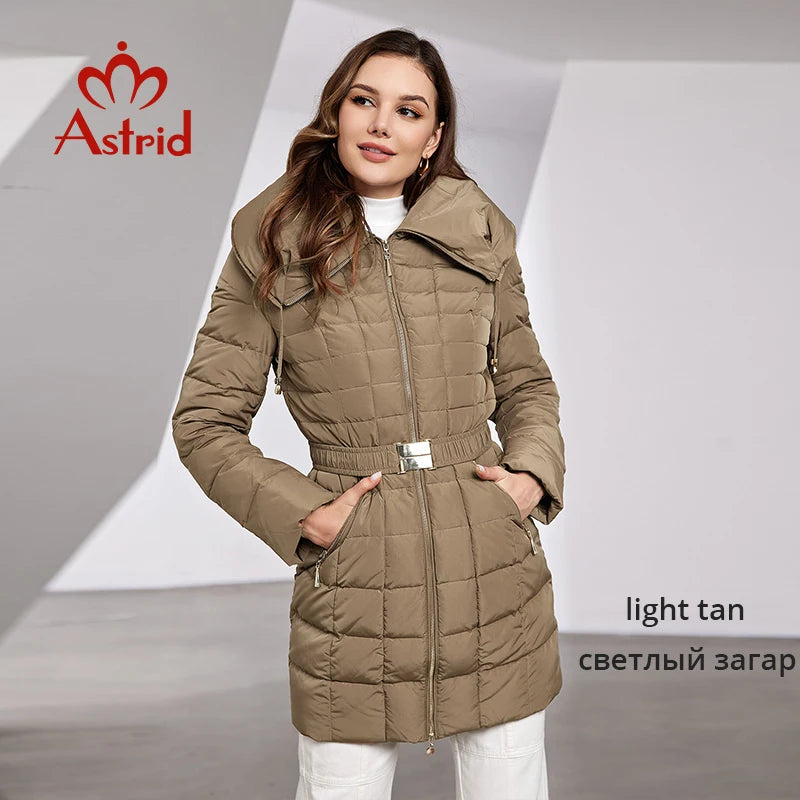 Astrid 2023 New Women's Winter Jacket Hooded Belt Long Parkas Warm Padding Puffer Plaid Quilted Coat Down Jacket Thick Snow Wear