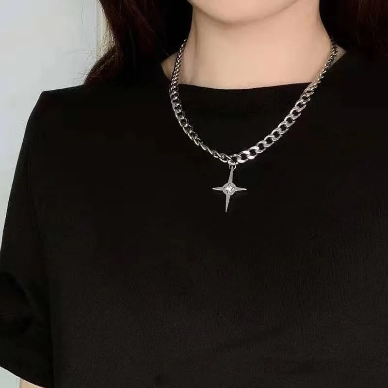 Kpop Goth Silver Color Star Pendant Chain Necklace For Women Men Egirl Y2K Cool EMO Punk Aesthetic Grunge Jewelry Gifts